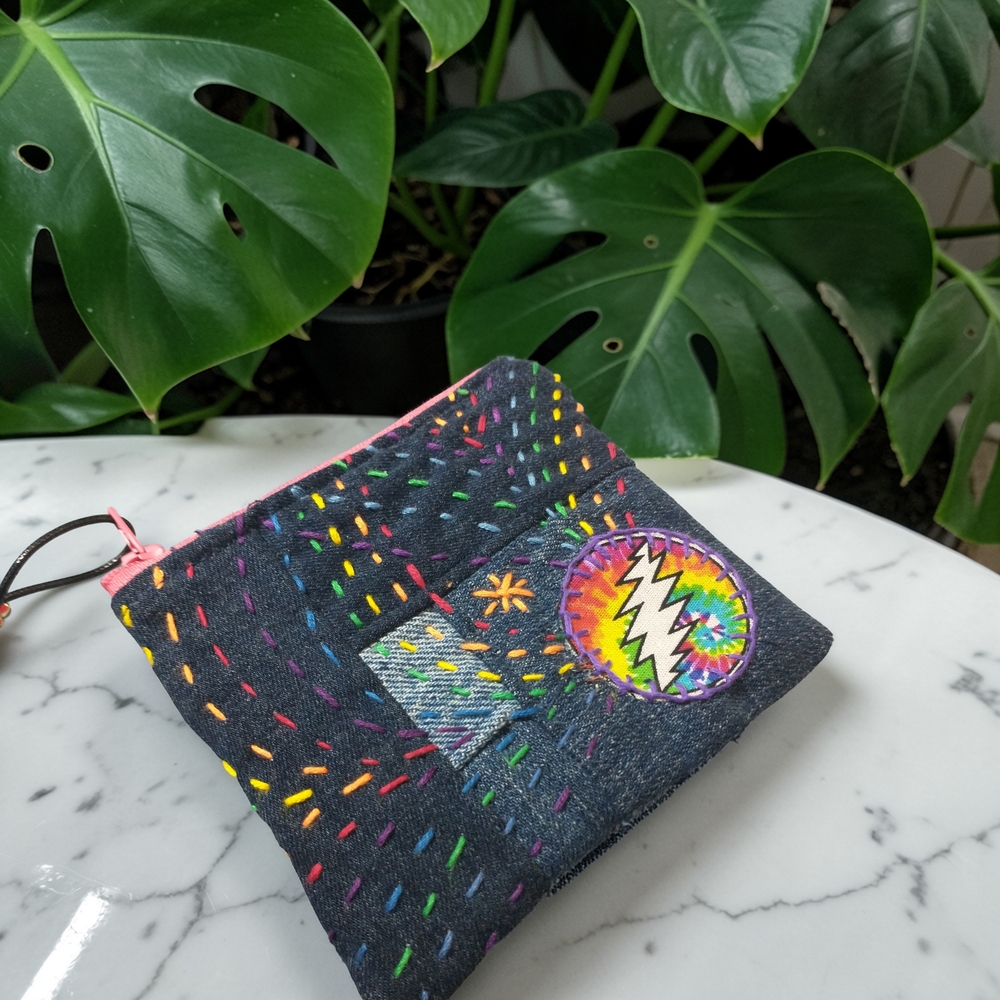 Hand-Embroidered Black Denim Patch Pouch with Rainbow Stitching